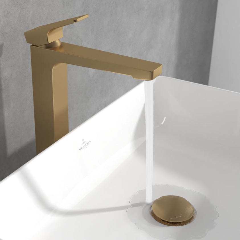 Lifestyle image of Villeroy & Boch Architectura Square Brushed Gold Nickel Tall Basin Mixer & Waste